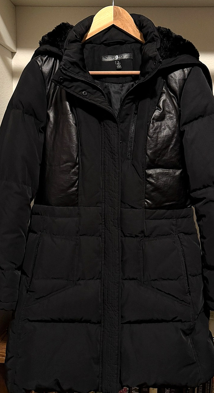 7 For All Mankind Down Puffer Coat Women M Black Faux Fur Hood Long Parka